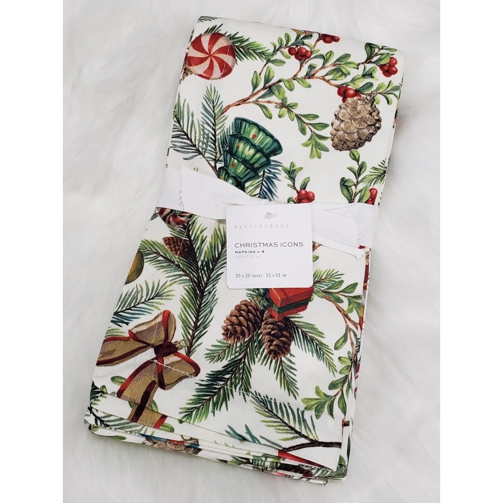 NEW Set Of 4 POTTERY BARN NOSTALGIC CHRISTMAS ICONS COTTON TWILL NAPKINS #3